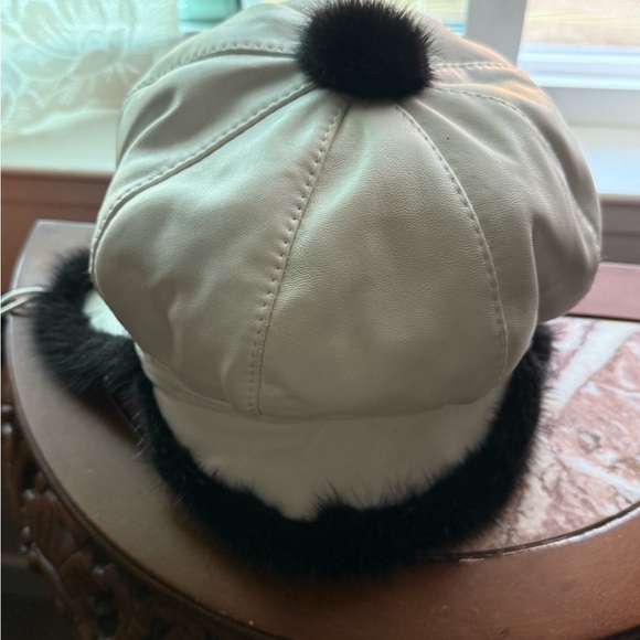 Black Mink Fur Hat&  White lambskin genuine leather main image 9